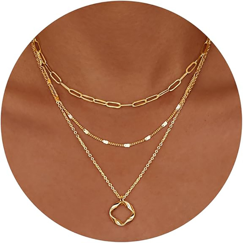 Minimalistisk dobbelt-Lag Halskæde 4K Guld Sølvbelagt Trendy Circle Papirclips Kæde Vedhæng Choker Halskæde,Simpelt Guld Diamond Cross Bue Smykkesæt Gaver til Kvinder