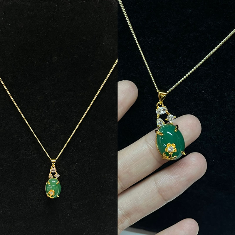 Opulent grøn jade oval pendel halskæde med hvide zirkon accenter, guld-Belagte indstilling, elegante kvinder\\\'s smykker